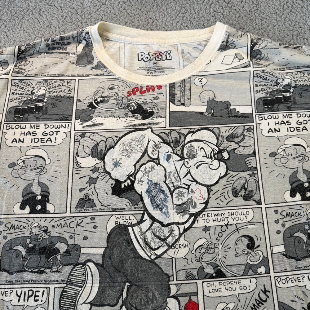 Popeye the Sailor Man All Over Print Comic Strip T-Shirt Mens 4XL Gray Retro